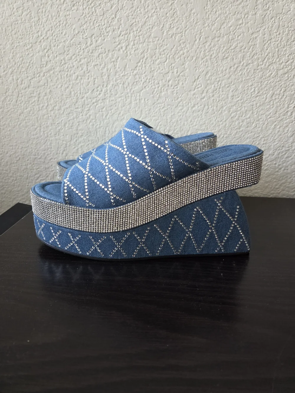 Cape Robbin Denim Rhinestone Platform Slide - Blue